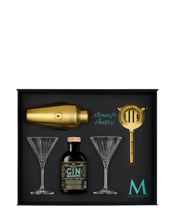 Confezione Momento Martini Gin Black con 2 Coppe Martini, 1 Boston, e 1 Strainer Dora